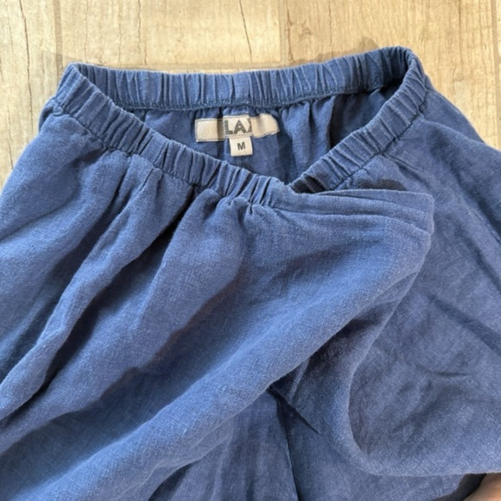 Flax Linen Pants Womens Navy Blue Wide Leg‎ Crop Pull On Boho Minimalist - Picture 4 of 9